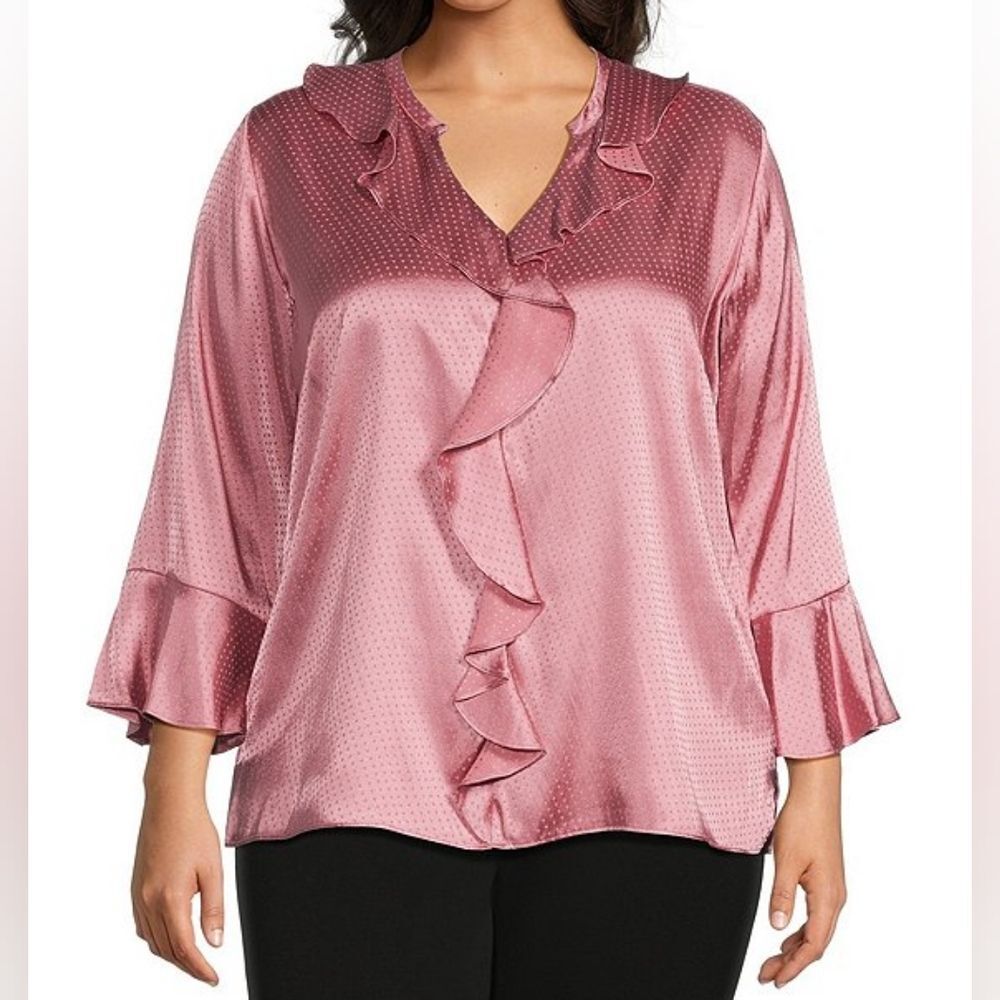 Investments Riley Top Blouse Womens Size 2X Pink Polka Dots Office Work Business